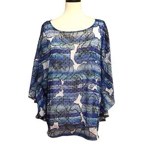 Ruby Rd Woman Blue Sheer Floral Poncho‎ Top 2X